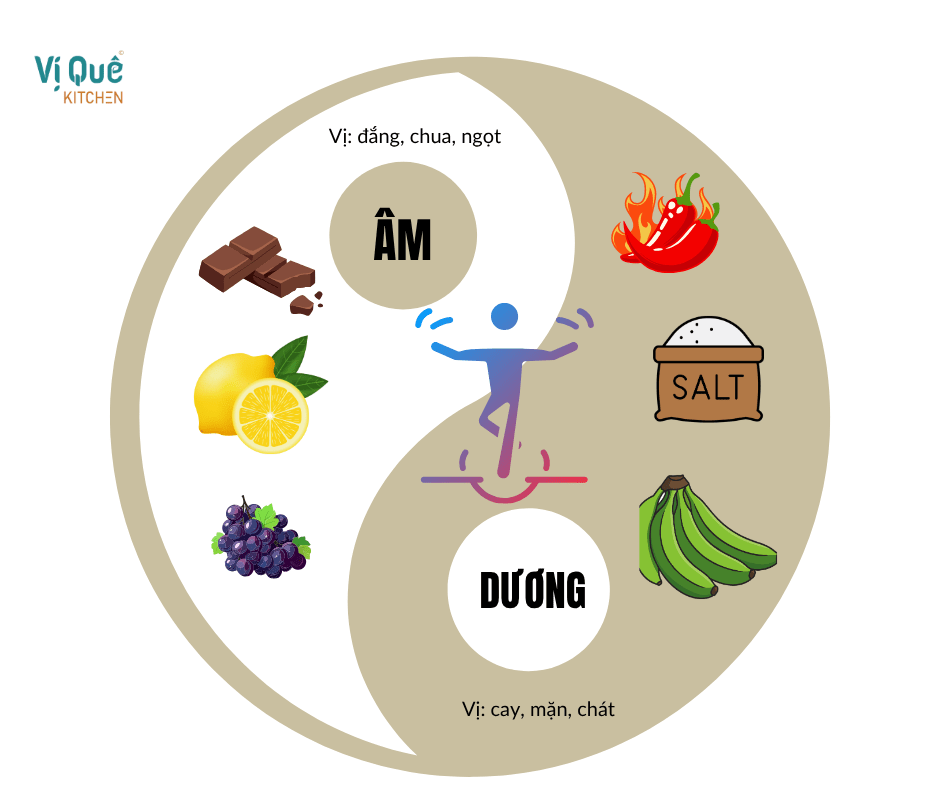 Biểu đồ Âm Dương minh họa các loại thực phẩm tính Âm (đắng, chua, ngọt) và tính Dương (cay, mặn, chát)